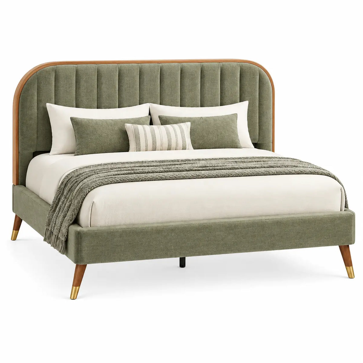 Estructura de cama con cabecero con formas arqueadas, verde y marrón