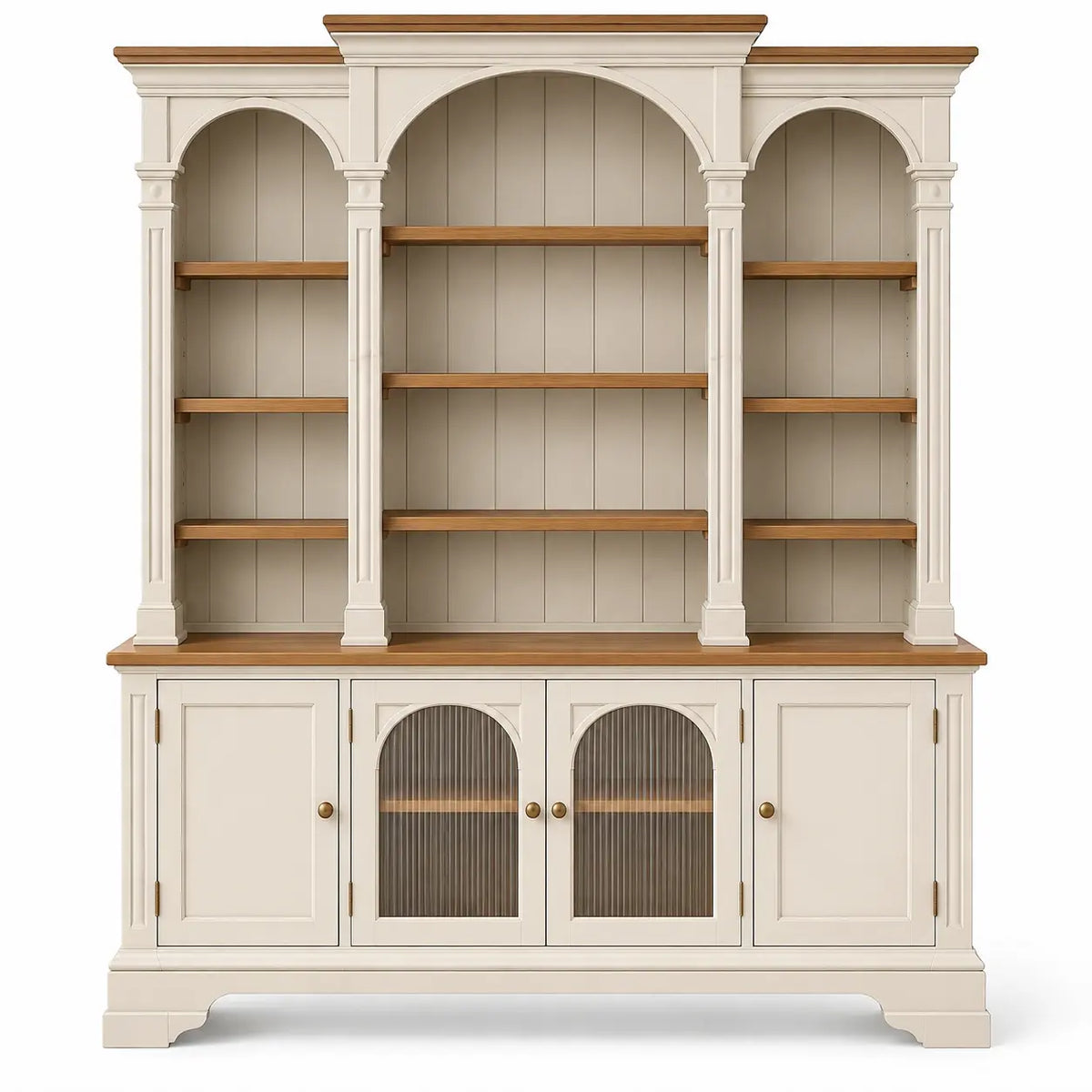 Estantería con almacenamiento con formas arqueadas y puertas acristaladas, blanco y marrón