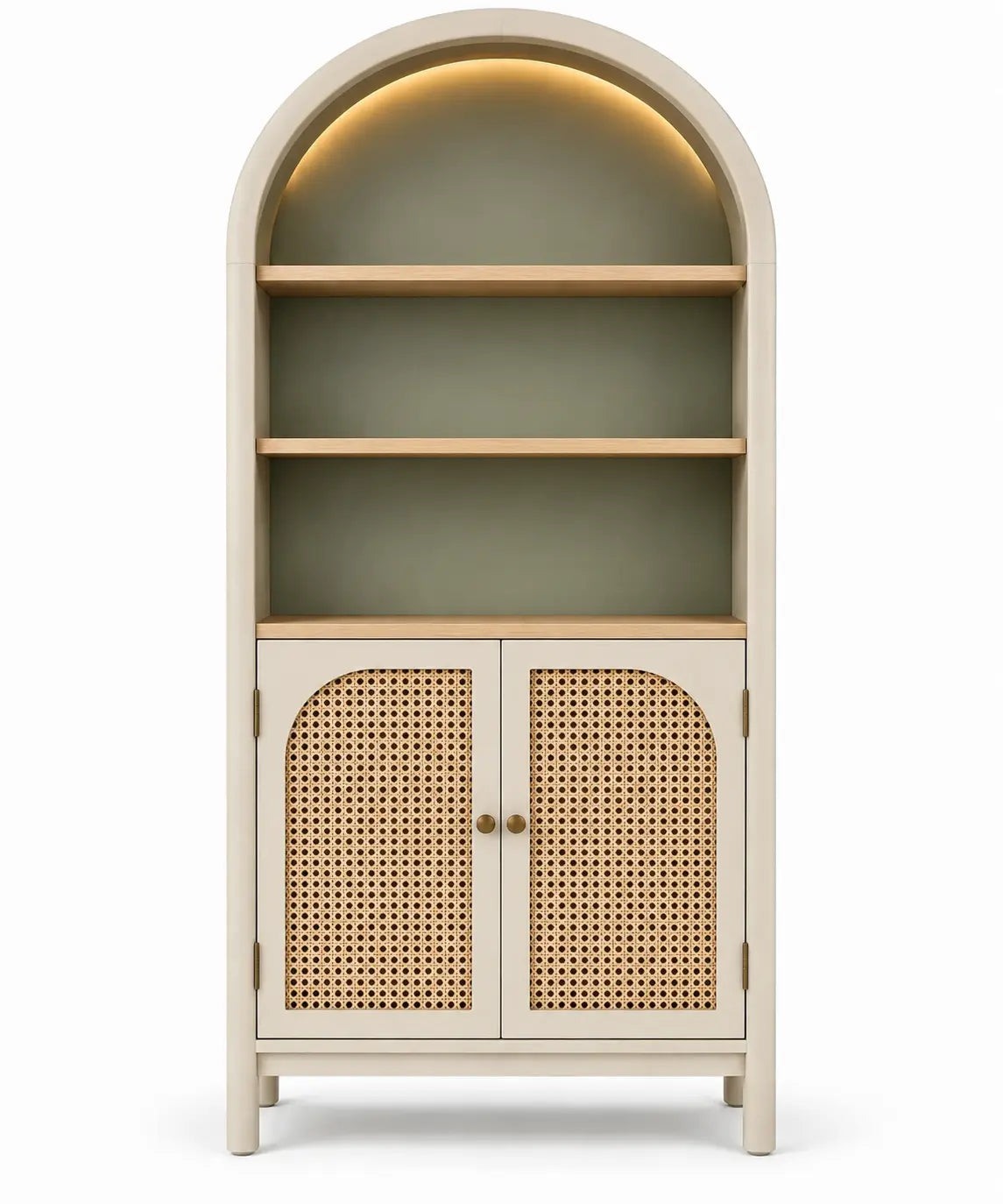 Estantería con almacenamiento con formas arqueadas y detalles de entramado, blanco, marrón y verde