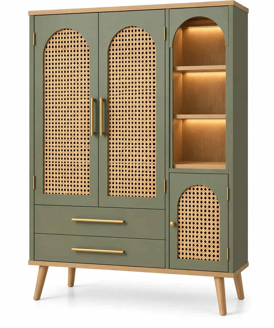 Armario de almacenamiento con detalles de entramado y puertas acristaladas, verde y marrón