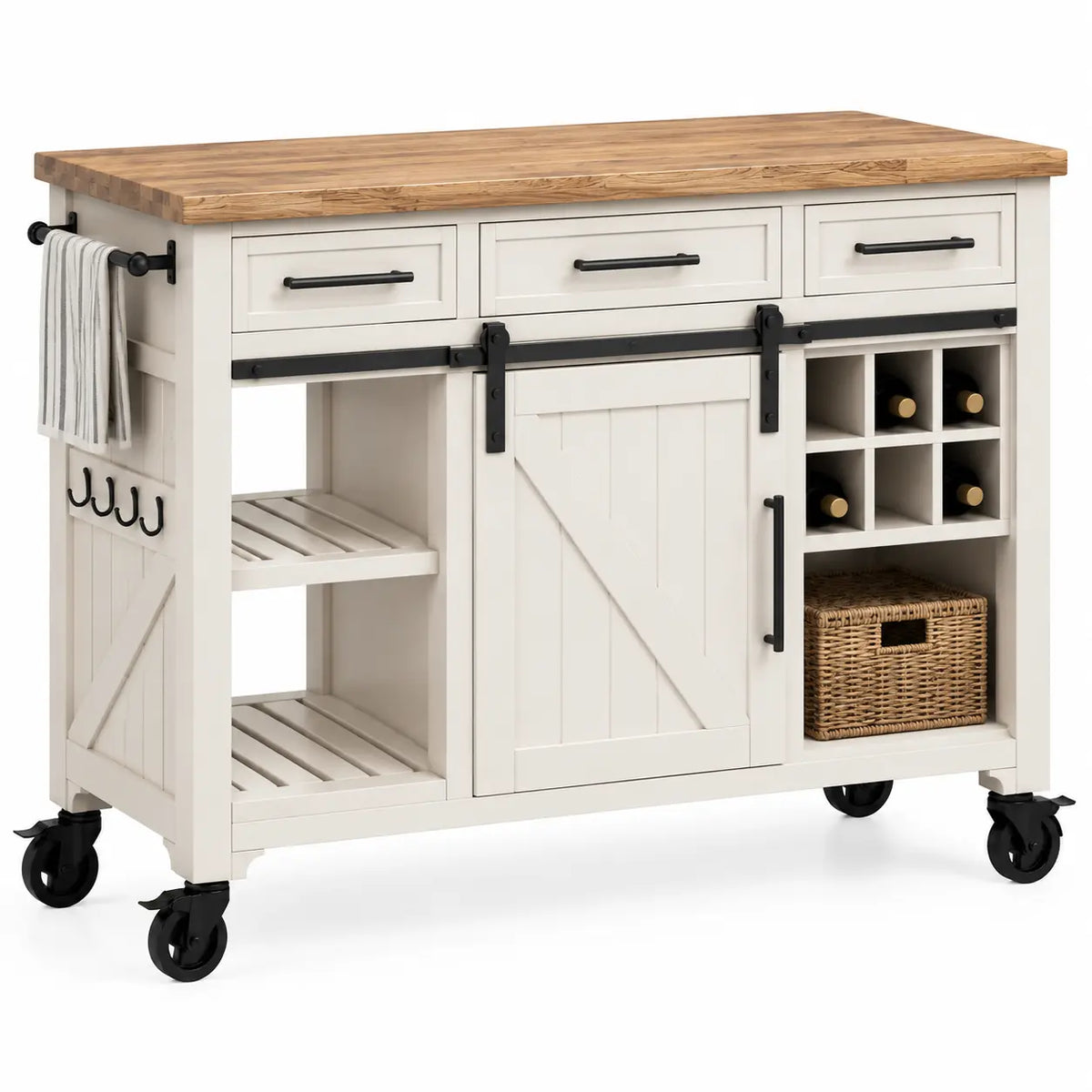 Mueble auxiliar de cocina con ruedas con detalles cruzados y estantes, blanco y marrón