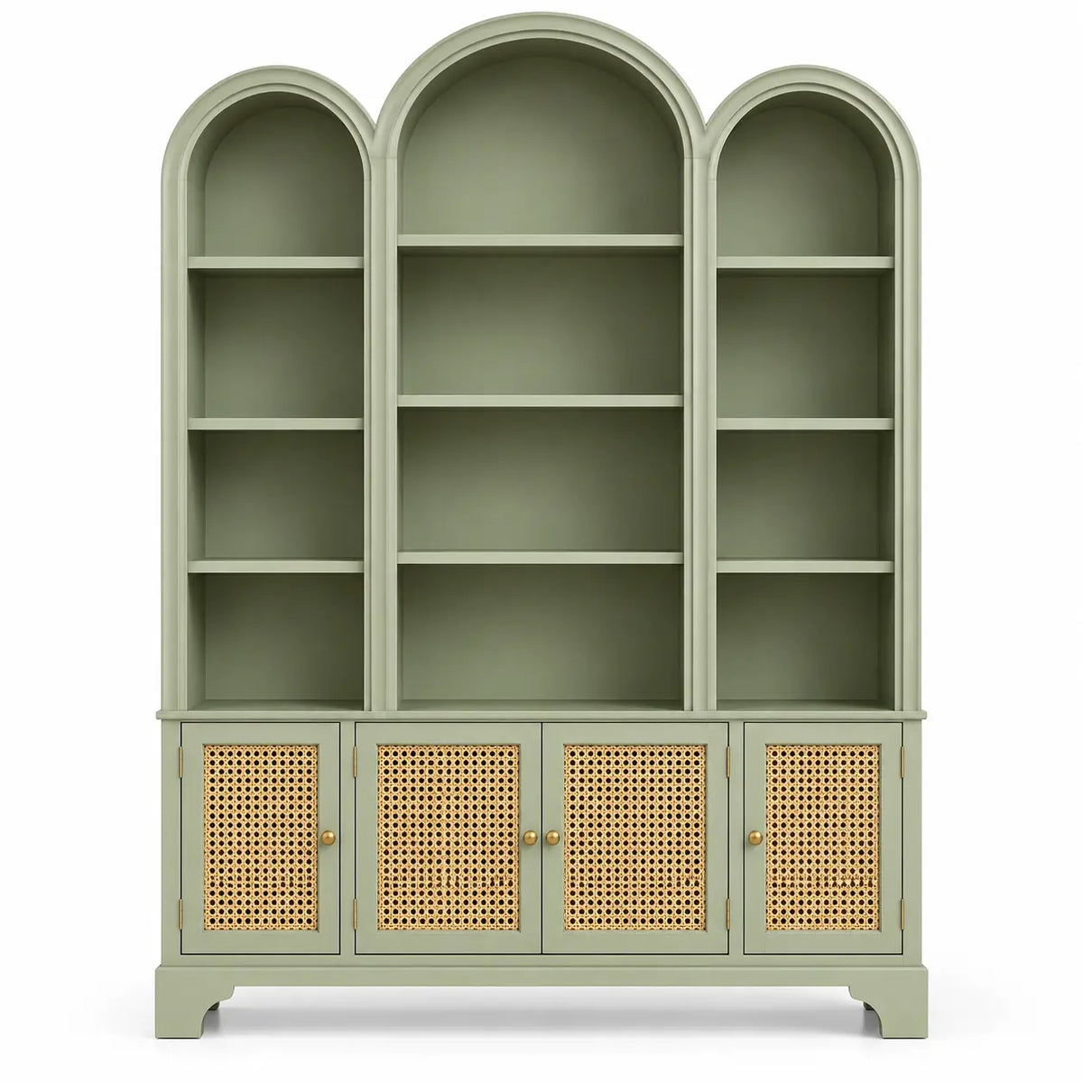 Estantería con almacenamiento con formas arqueadas y detalles de entramado, verde y marrón