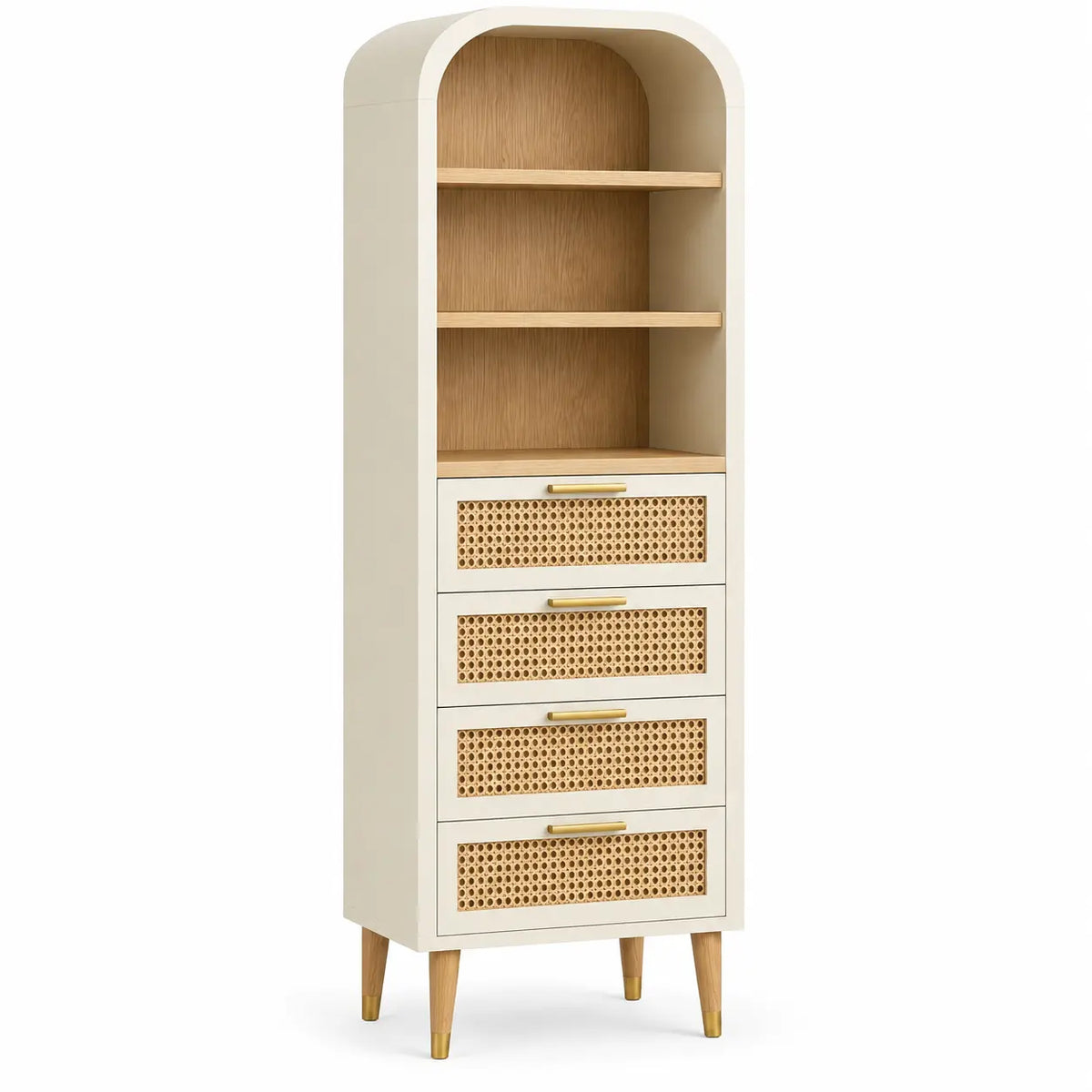 Estantería con almacenamiento con formas arqueadas y cajones, blanco y marrón