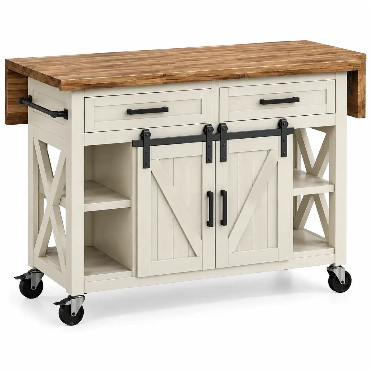 Mueble auxiliar de cocina con ruedas con detalles cruzados, blanco, marrón y negro