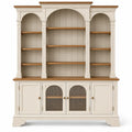 Estantería con almacenamiento con formas arqueadas y puertas acristaladas, blanco y marrón