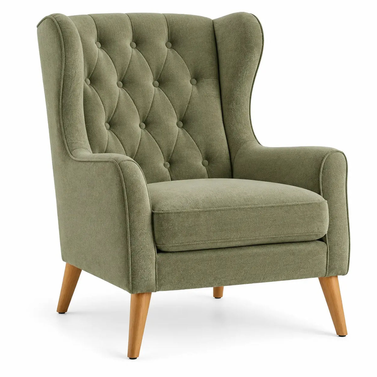 Sillón tapizado con botones decorativos y respaldo alto, verde y marrón